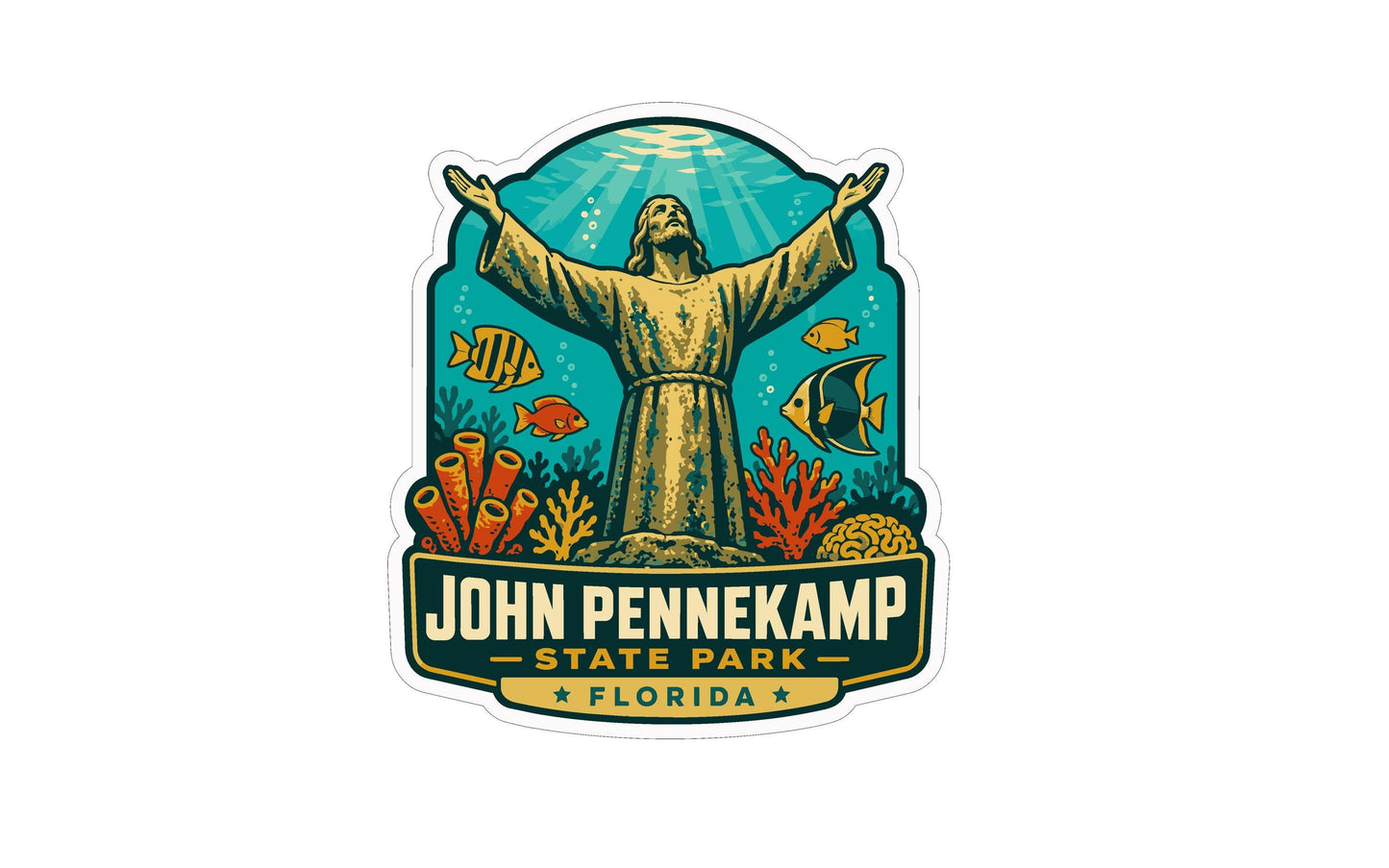 A sticker or emblem featuring a statue of Jesus Christ with his arms raised, surrounded by marine life and coral, with the text "JOHN PENNEKAMP STATE PARK FLORIDA" below.