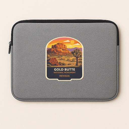 A gray laptop sleeve with a graphic design depicting the iconic landscape of the National Monument in Nevada.