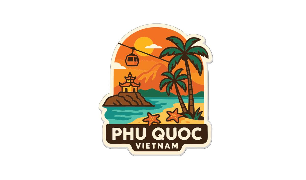 a sticker or label with a tropical beach scene, palm trees, and a temple, along with the text "PHU QUOC VIETNAM".