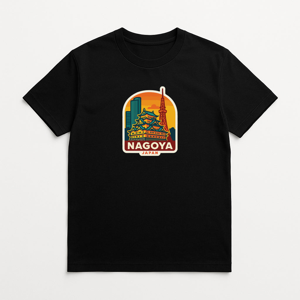 A black t-shirt with a colorful graphic design depicting the Nagoya Tower and surrounding cityscape.