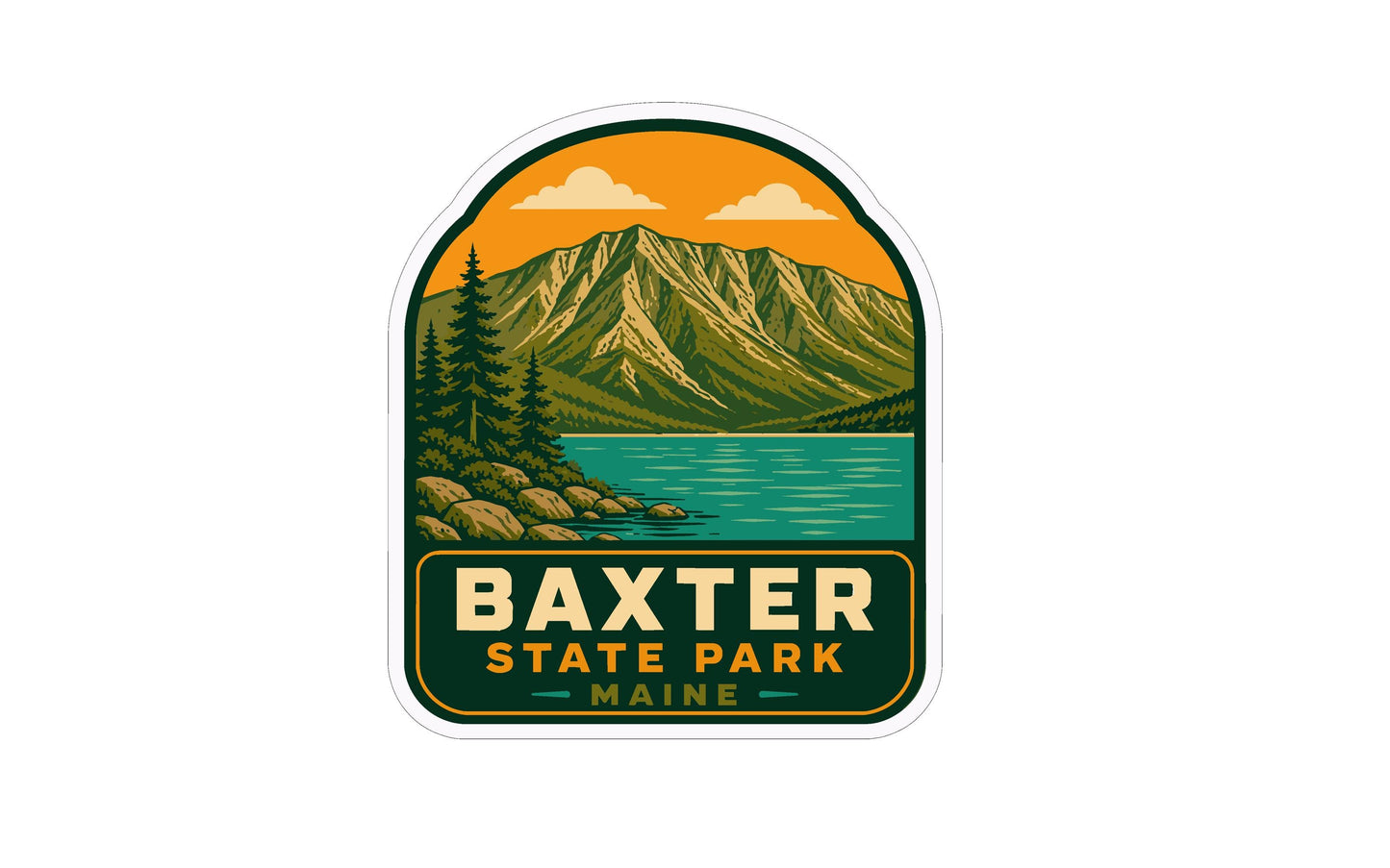 A sticker or emblem featuring a mountain landscape with pine trees, a lake, and a cloudy sky. The text "BAXTER STATE PARK MAINE" is prominently displayed, indicating the location of the scene.