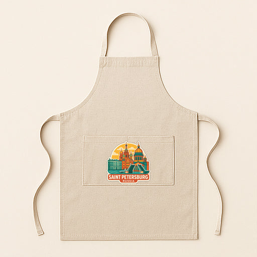 A beige apricot with a graphic of St. Petersburg, Russia, printed on it.
