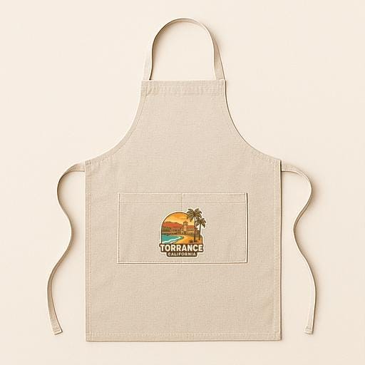 A beige apricot with a graphic design on the front pocket, featuring a sunset and palm trees.