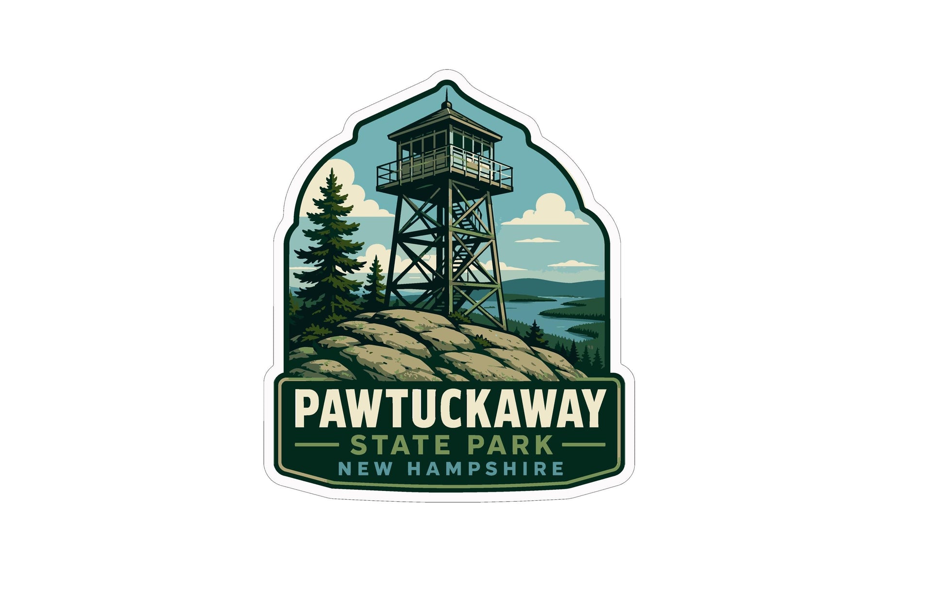 A sticker depicting a tall tower with a lookout point, surrounded by trees and mountains, with the text "Pawtuckaway State Park New Hampshire" prominently displayed.