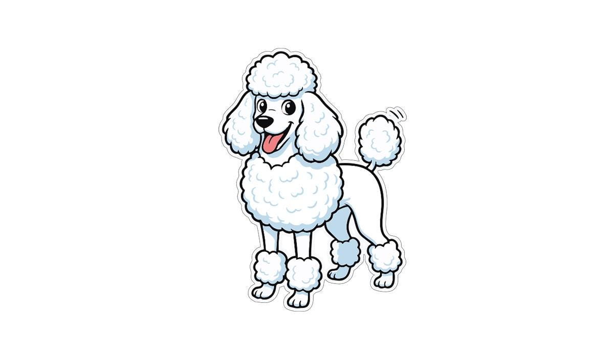 A cartoon illustration of a poodle dog with a happy expression.