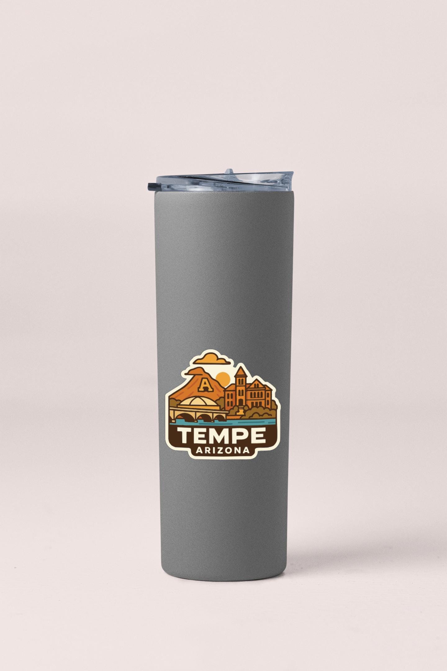 A gray insulated tumbler with a lid and a label that says "TEMPE ARIZONA".