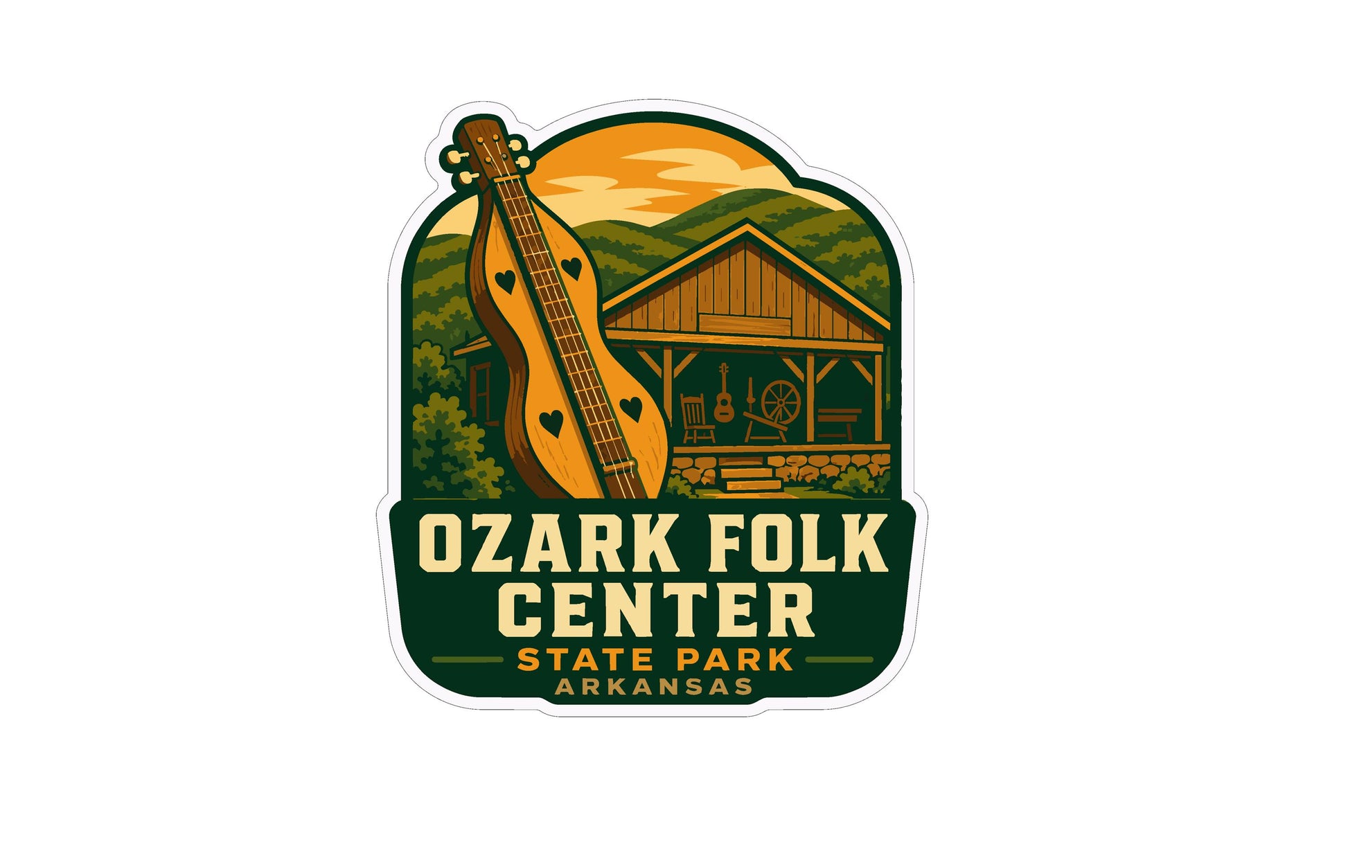 a sticker or logo for the Ozark Folk Center, a state park in Arkansas. The logo includes a guitar and a cabin, suggesting a connection to folk music and rural living.