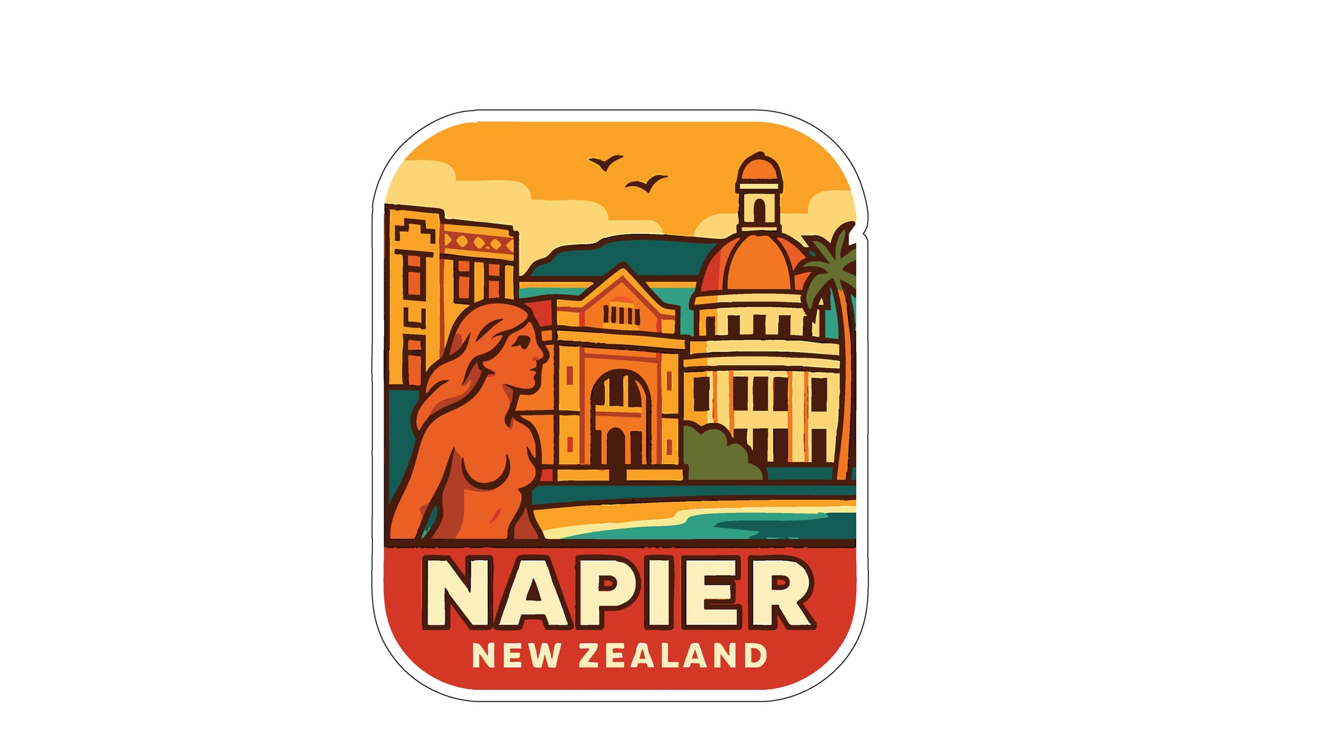 a sticker or label with an illustration of a woman and a cityscape, along with the text "NAPIER NEW ZEALAND".