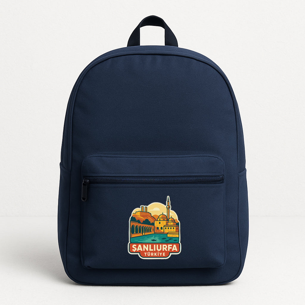 A navy blue backpack with a graphic of a city and the text "SANLIURFA TURKISH" printed on it.
