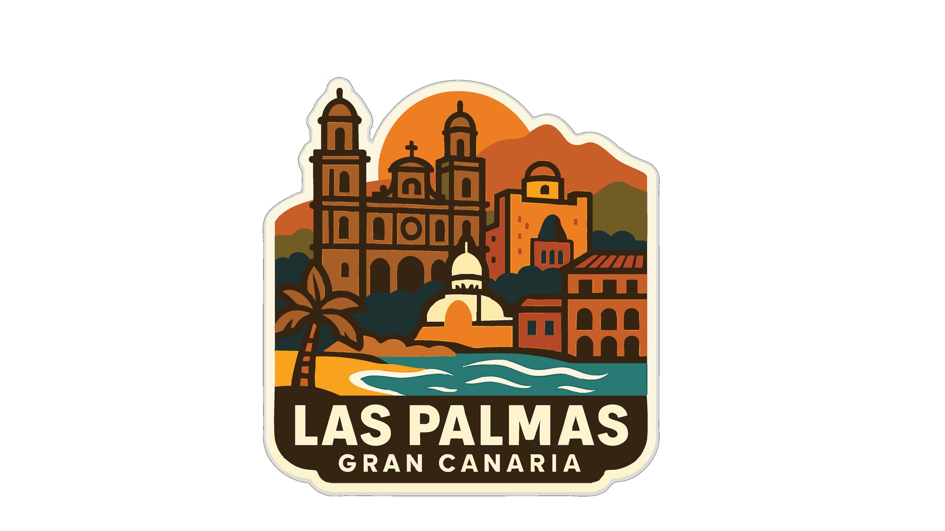 A sticker or emblem featuring the city of Las Palmas, Gran Canaria, with a colorful illustration of the city's architecture, landmarks, and natural scenery.