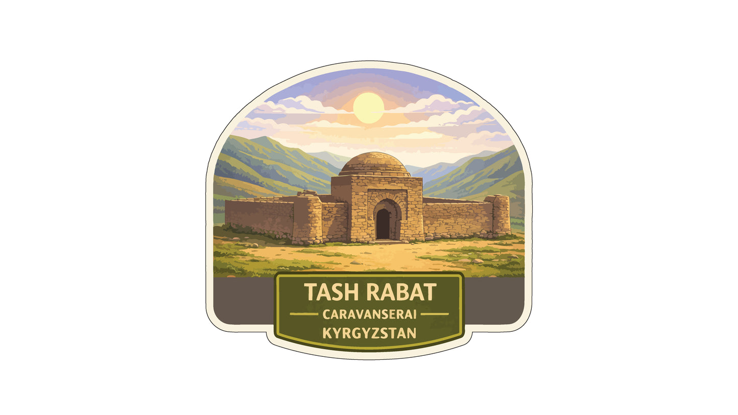 a stone structure with a dome, set against a mountainous landscape with a bright sun in the sky.