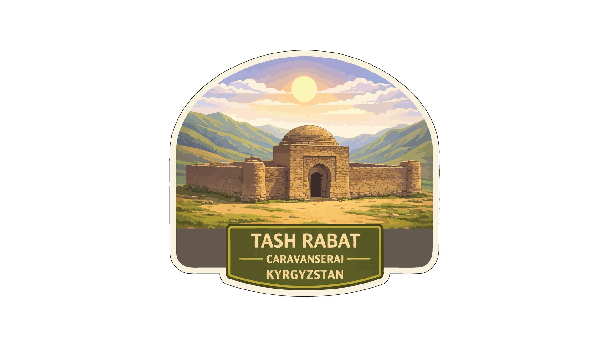 a stone structure with a dome, set against a mountainous landscape with a bright sun in the sky.