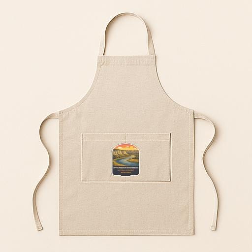A beige apricot with a small graphic of a mountain landscape on the front pocket.