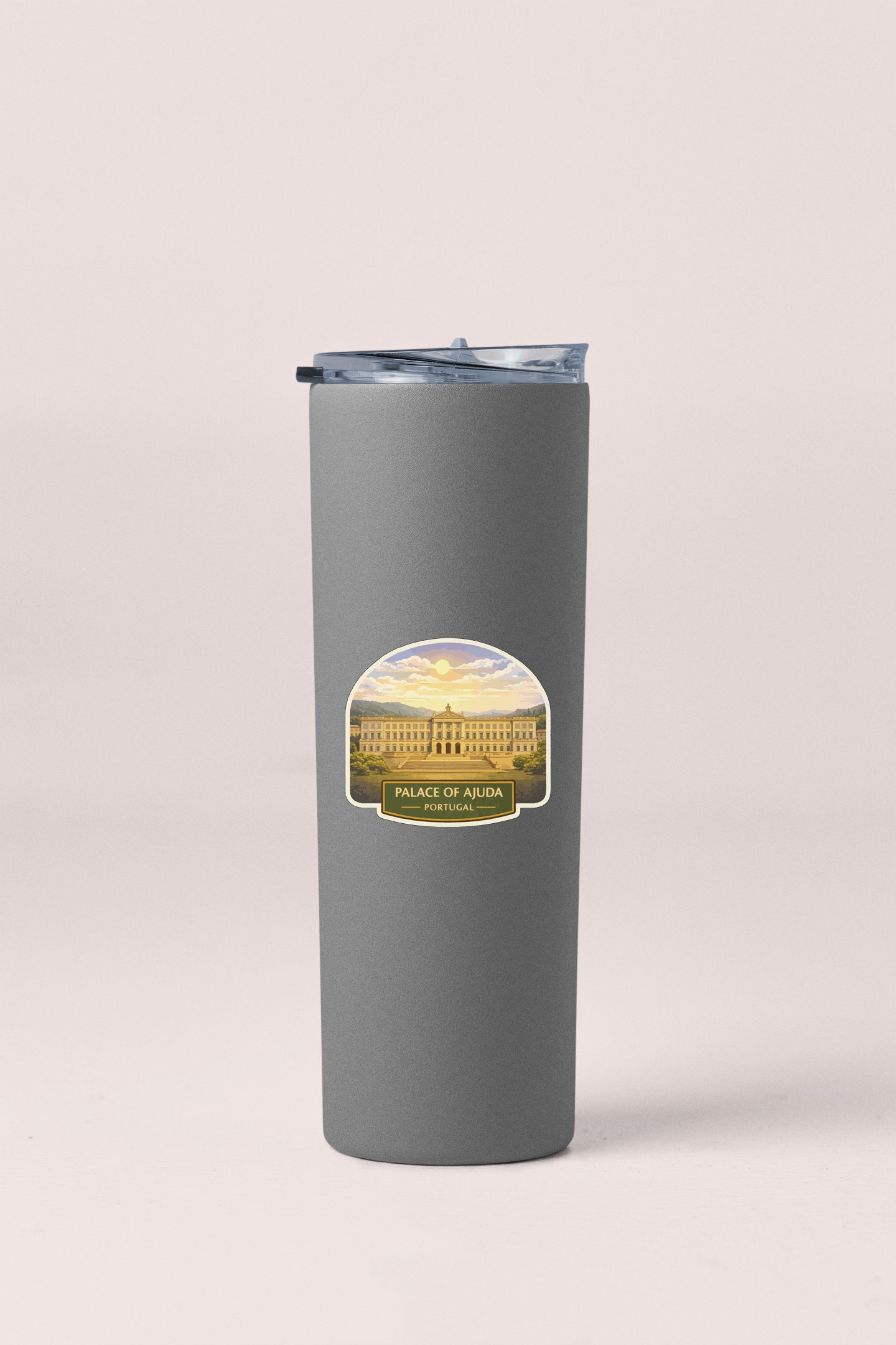 A gray insulated tumbler with a label that says "Palace of Ayda, Porto, Portugal".