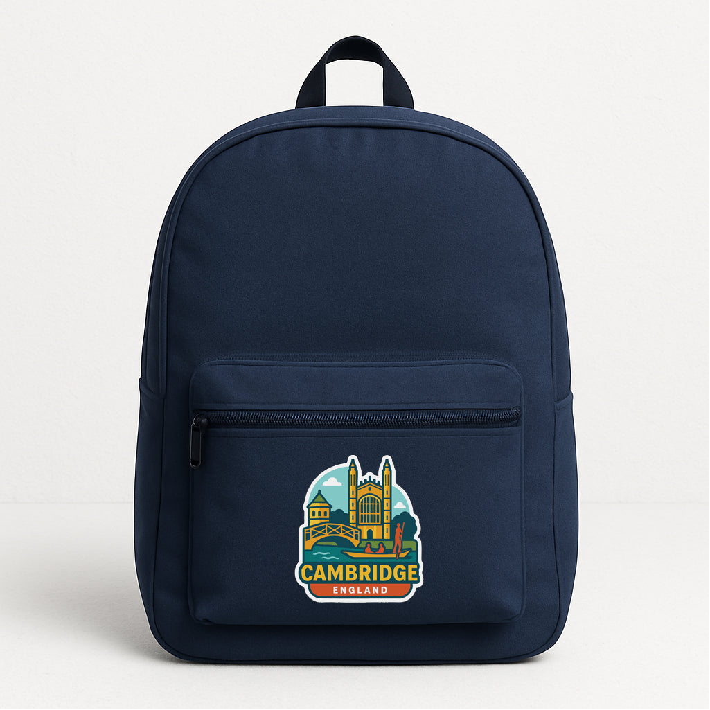 A navy blue backpack with a printed design of a cityscape and the text "CAMBRIDGE ENGLAND" on the front pocket.