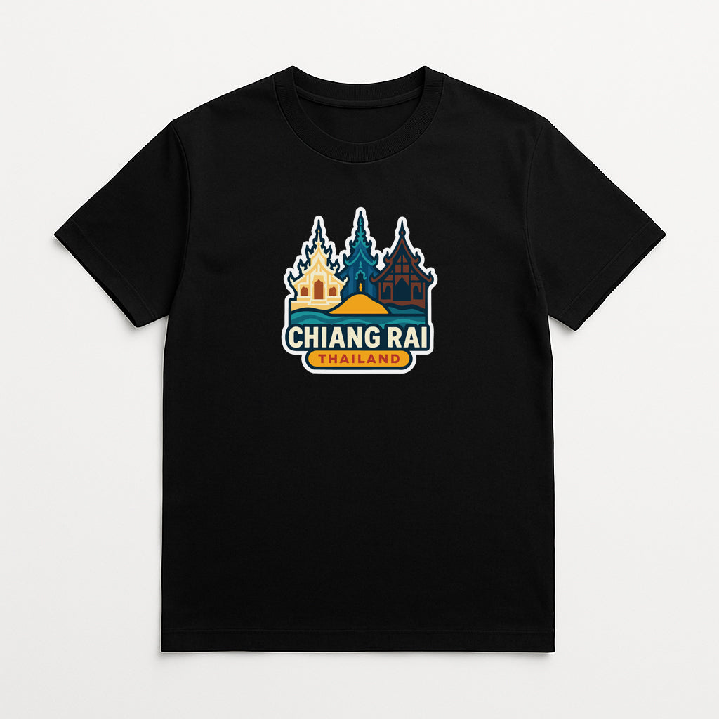 A black t-shirt with a graphic design depicting a temple and the text "CHIANG RAI THAILAND" printed on it.