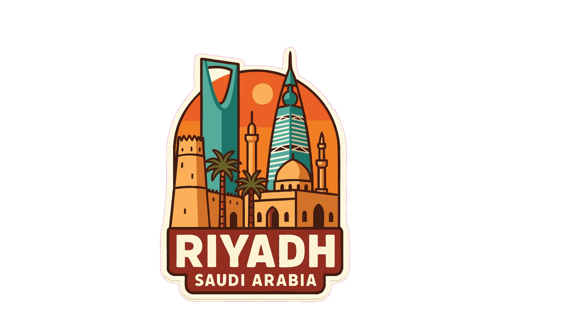 a stylized illustration of the skyline of Riyadh, Saudi Arabia, with various architectural elements such as minarets, domes, and towers.