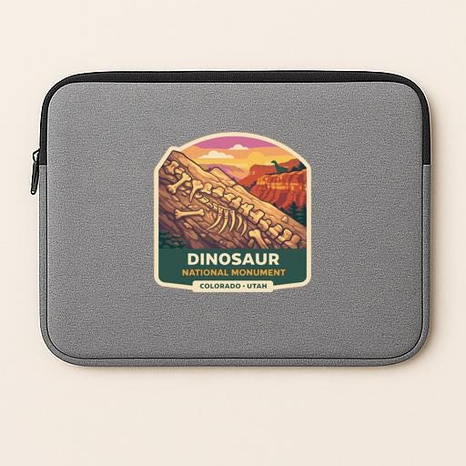 A gray laptop sleeve with a sticker depicting the Dinosaur National Monument in Colorado and Utah.