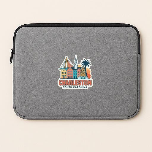 A gray laptop sleeve with a colorful sticker depicting the skyline of Charleston, South Carolina.