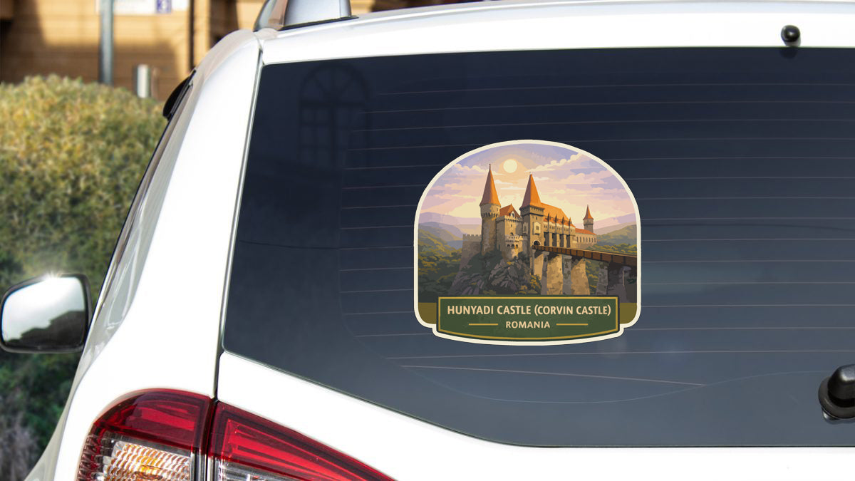 a sticker on the rear window of a car that depicts the Húnvyád Castle (Covin Castle) in Romania.