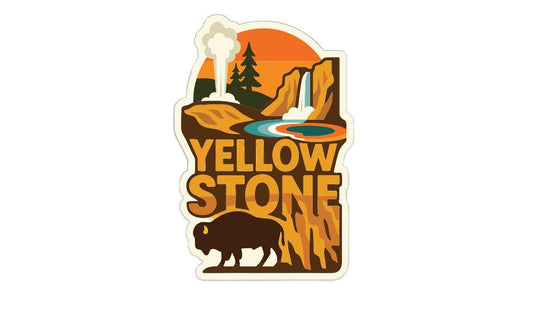 A stylized sticker or logo depicting a scenic landscape with a bison, a waterfall, and a sunset.