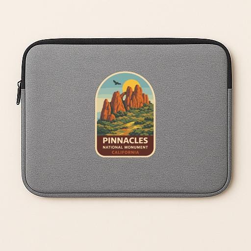 A gray laptop sleeve with a Pinnacles National Monument California label on it.