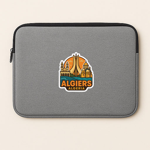 a gray laptop sleeve with a sticker that says "ALGiers Algeria".