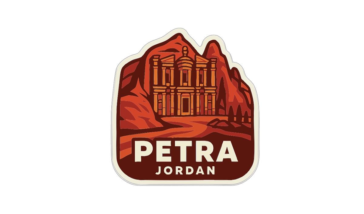 A sticker or logo depicting the ancient city of Petra, Jordan, with a stylized illustration of the city's iconic rock-cut architecture.