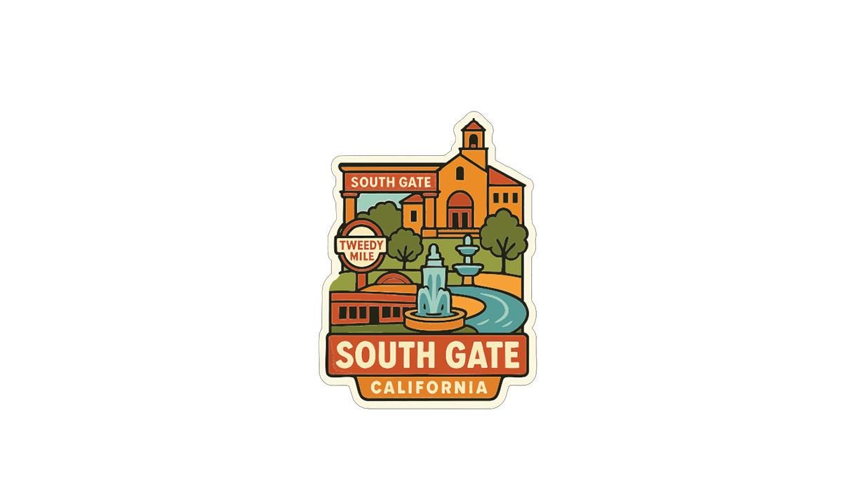 A colorful sticker depicting a landmark, likely South Gate, California, with a fountain and buildings in the background.