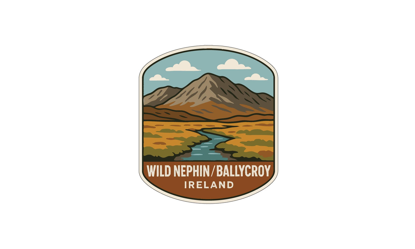A vintage-style logo depicting a mountain landscape with a river, surrounded by clouds, and the text "WILD NEPHIN/BALLCROY IRELAND".