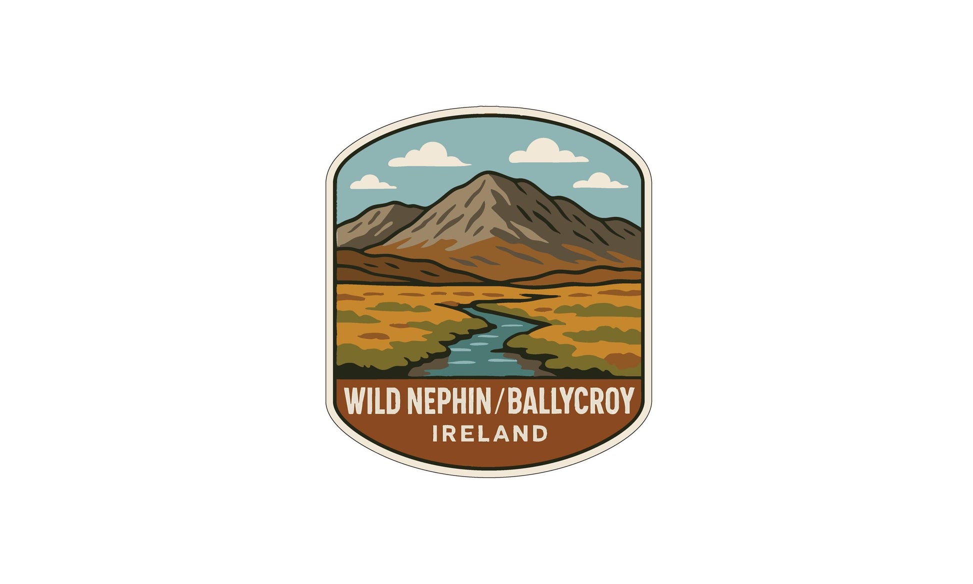 A vintage-style logo depicting a mountain landscape with a river, surrounded by clouds, and the text "WILD NEPHIN/BALLCROY IRELAND".