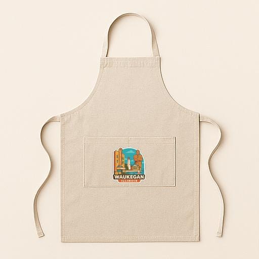 A beige apricot with a graphic of a city skyline on the front pocket.