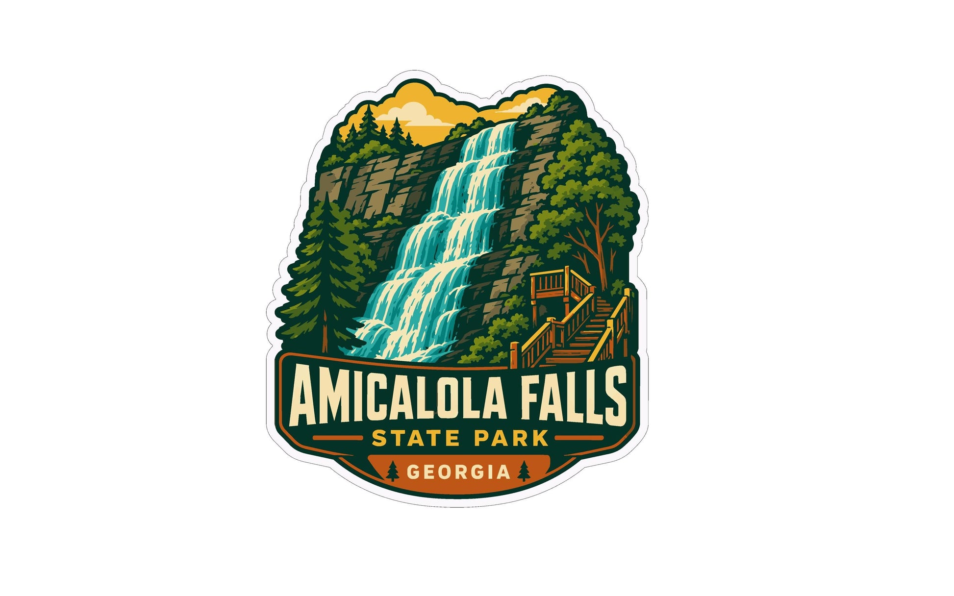 a stylized illustration of a waterfall surrounded by trees and mountains, with a sign that reads "Amicalola Falls State Park Georgia".