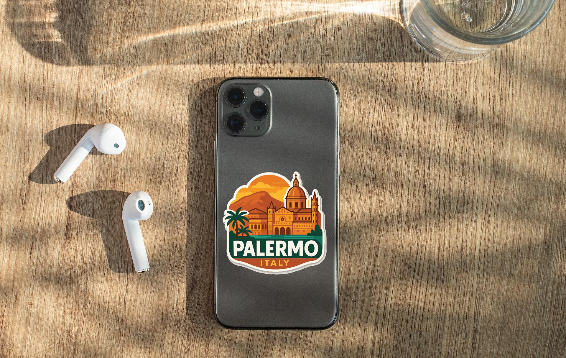 a smartphone with a sticker of the city of Palermo, Italy, placed on a wooden surface alongside a pair of white earbuds and a glass of water.