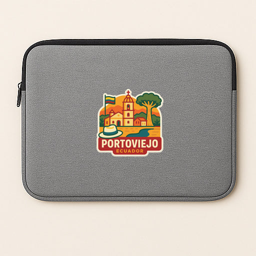A gray laptop sleeve with a colorful logo of Portoviejo, Ecuador.
