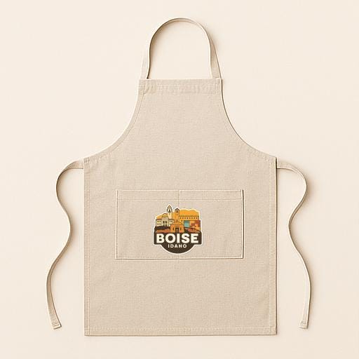 A beige apricot with a graphic of Boise, Idaho, printed on it.