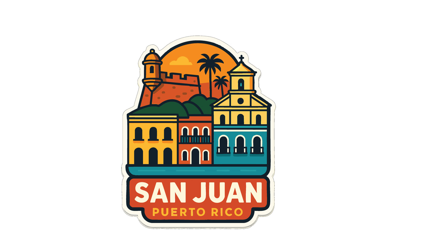 A sticker depicting the city of San Juan, Puerto Rico, with various buildings and landmarks, including a lighthouse and a church, set against a sunset sky.