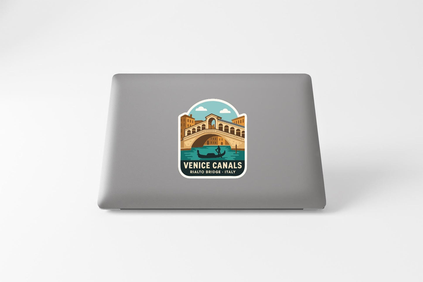 a sticker or decal of the Venice canals on a laptop computer.