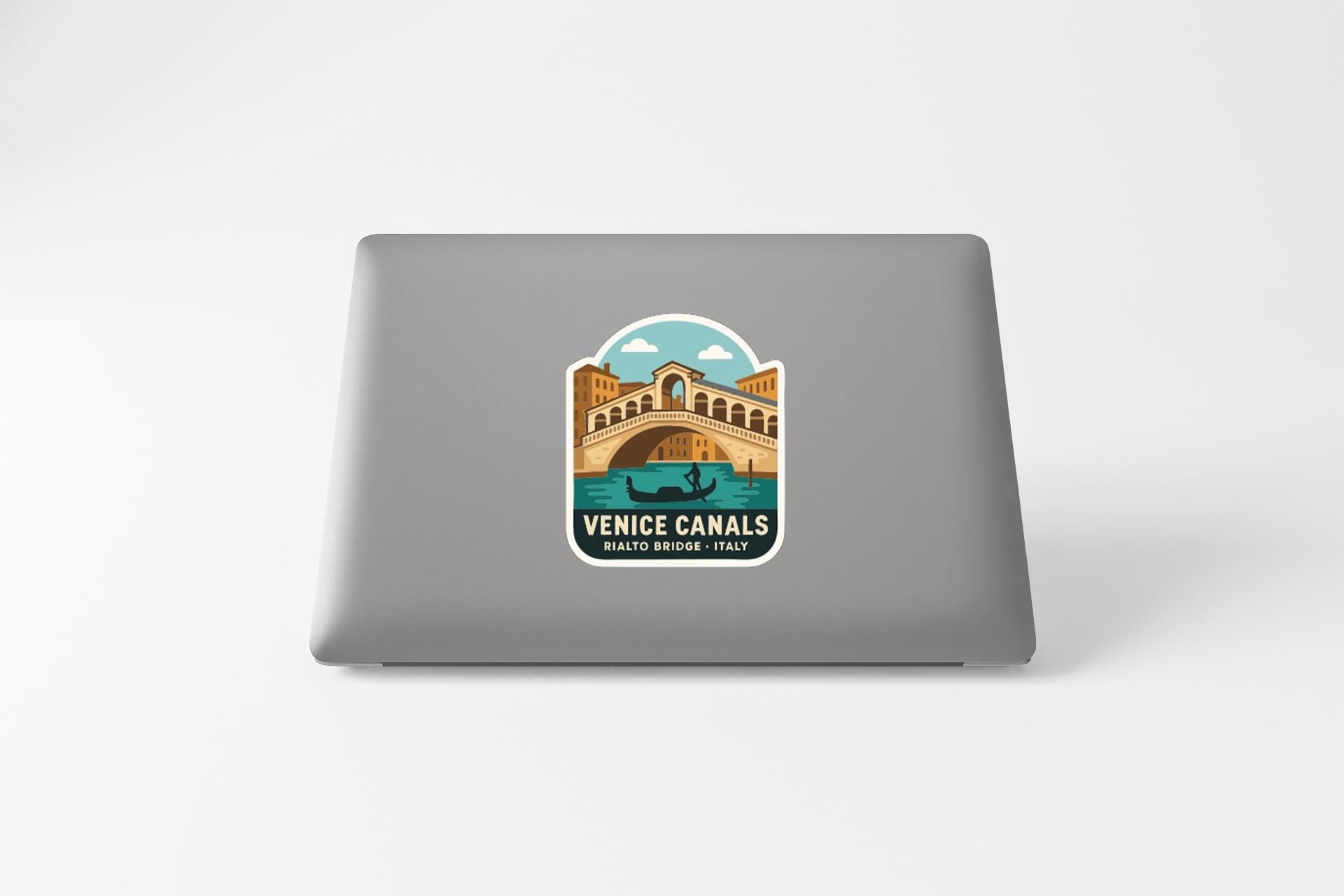 a sticker or decal of the Venice canals on a laptop computer.