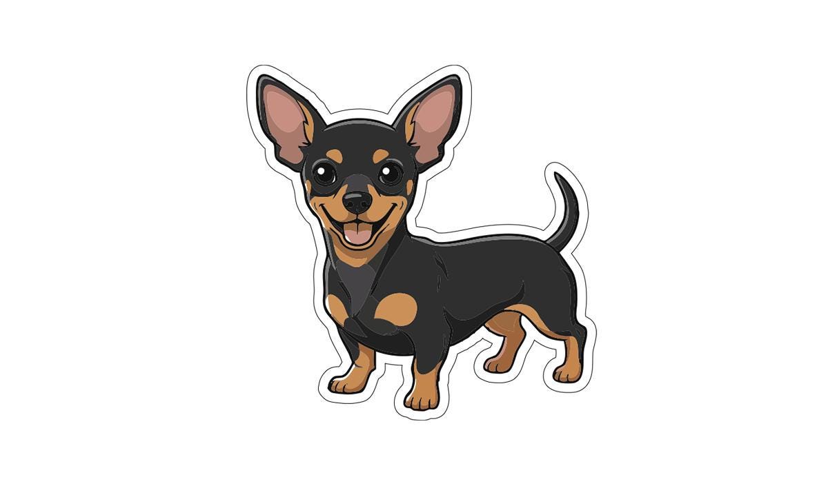 A cartoon illustration of a small black and tan dog with large ears and a happy expression.