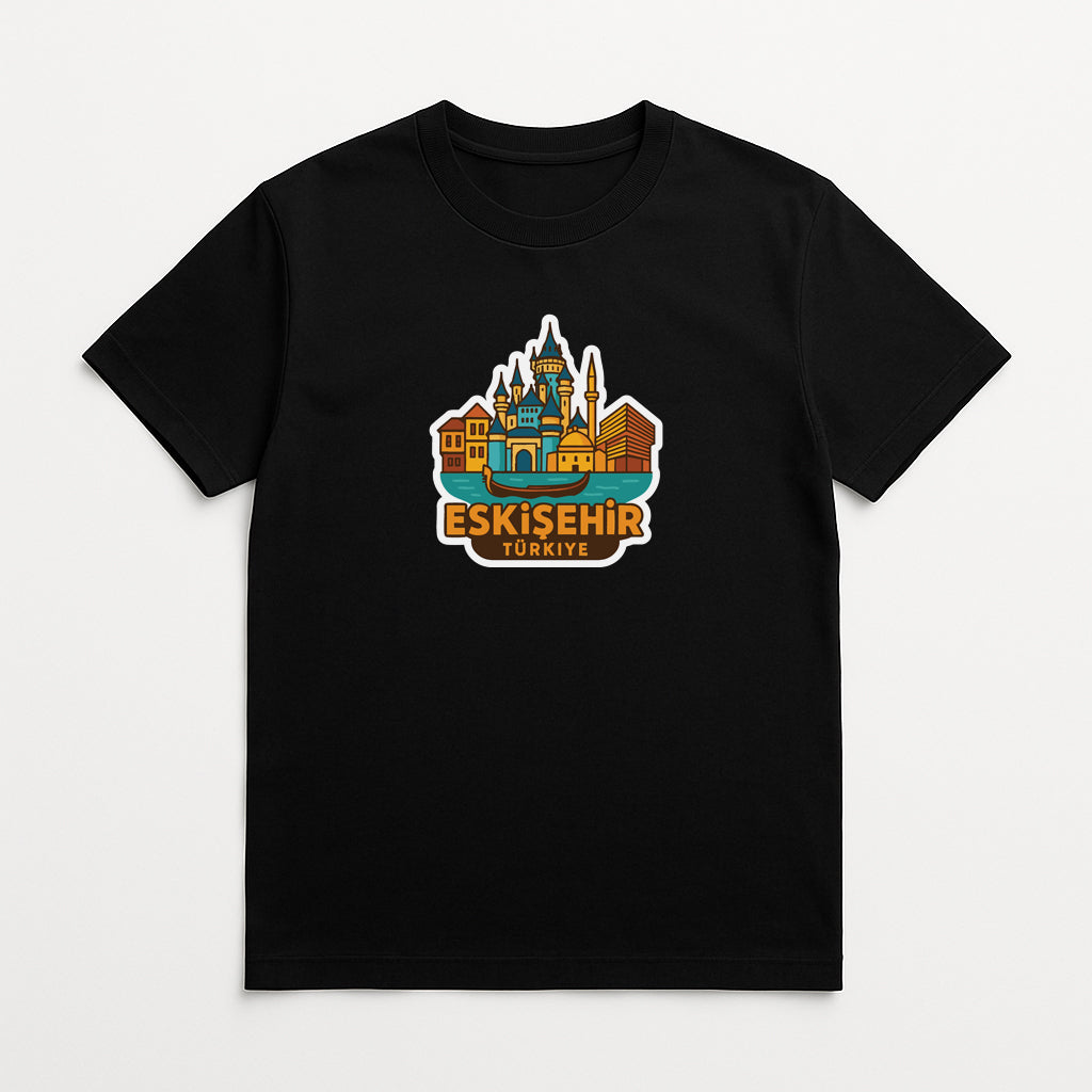 A black t-shirt with a graphic design depicting the skyline of Istanbul, Turkey.