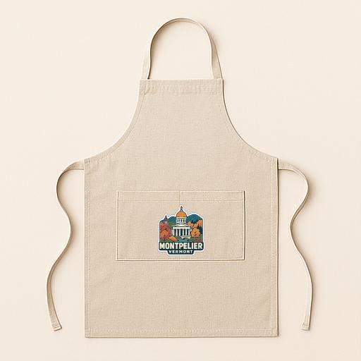 A beige apricot with a graphic design on the front pocket, featuring a building and the text "MONTPELIER".