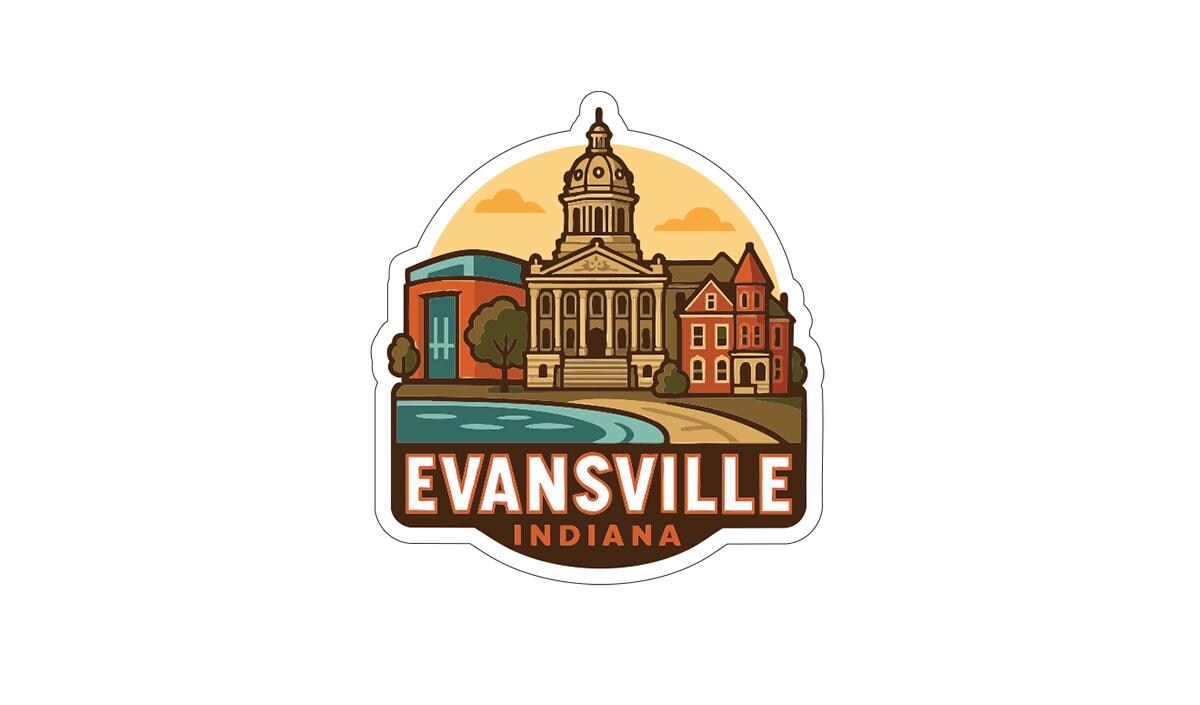 A sticker or emblem featuring the city of Evansville, Indiana, with a prominent dome-shaped building and other architectural elements.