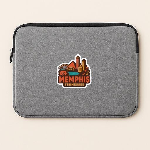 A gray laptop sleeve with a colorful graphic of the city of Memphis, Tennessee, featuring landmarks and buildings.