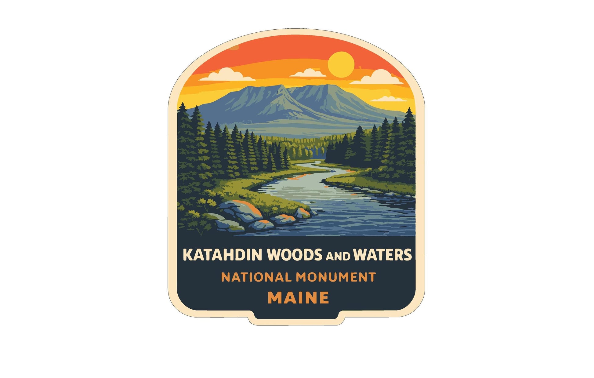 A sticker or emblem featuring a scenic landscape with a river, mountains, and trees, along with the text "KATAHDIN WOODS AND WATERS NATIONAL MONUMENT MAINE".