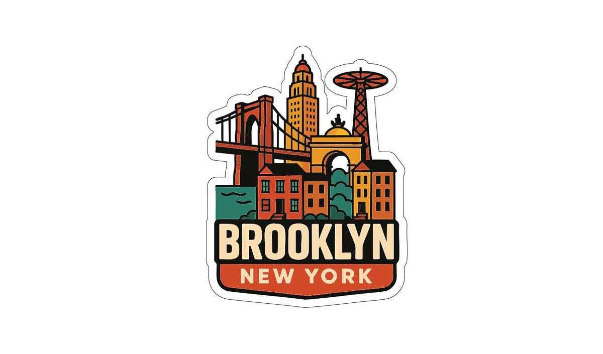 A sticker depicting the skyline of Brooklyn, New York, with various landmarks and buildings.