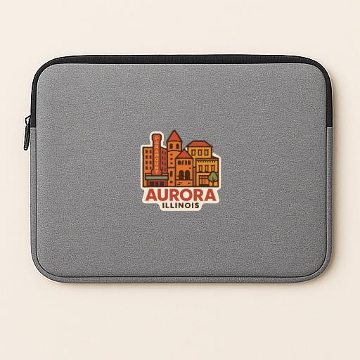 A gray laptop sleeve with a graphic of a city skyline and the text "Aurora Illinois" printed on it.