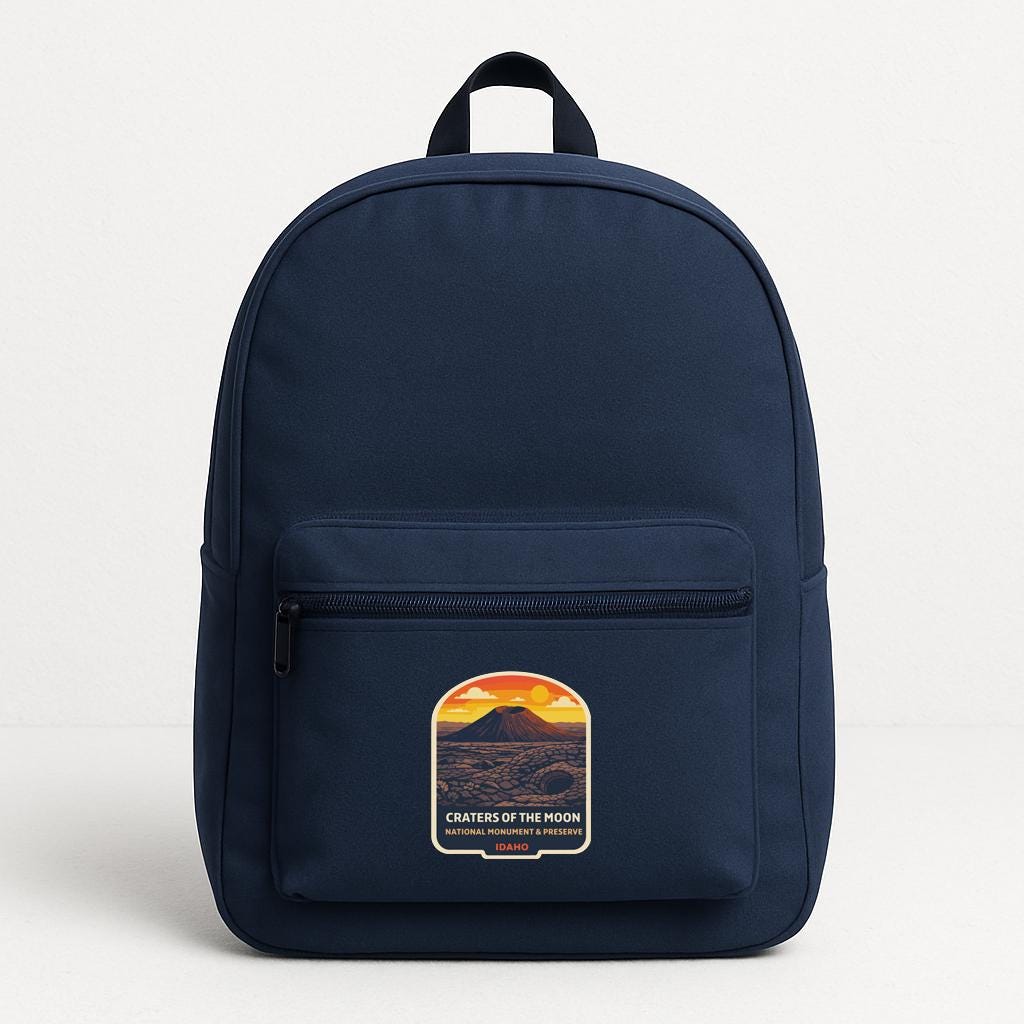 A navy blue backpack with a graphic on the front that says "CRATERS OF THE MOON" and "NATIONAL PARK".