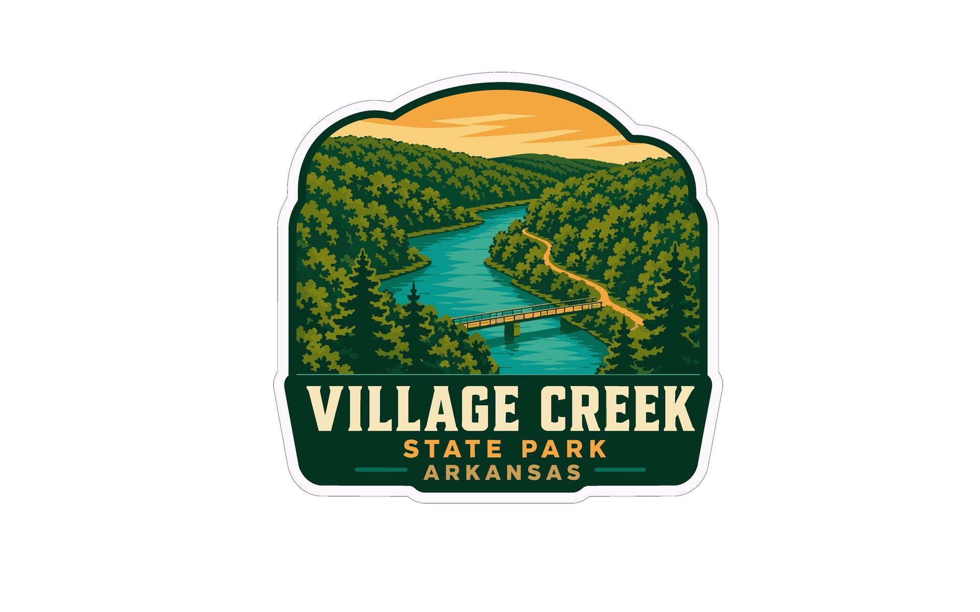 a sticker or logo for Village Creek State Park in Arkansas. The sticker depicts a scenic landscape with a river, bridge, and forested hills, showcasing the natural beauty of the park.