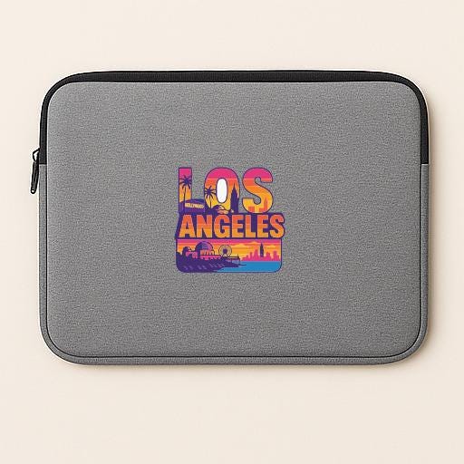 A gray laptop sleeve with a colorful graphic of Los Angeles printed on it.